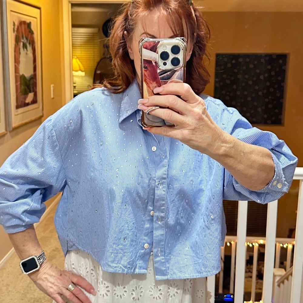 Blue b. Rhinestone Crystal Encrusted Striped Button Up Collared Top Large Shirt